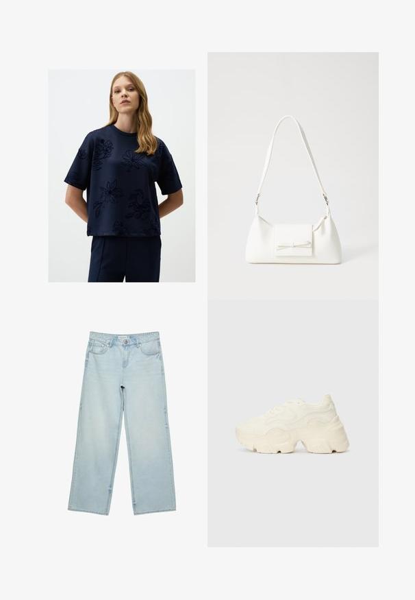 Top blu navy a maniche corte con un motivo floreale testurizzato. Tessuto liscio con scollatura a girocollo e vestibilità comoda.; Jeans a gamba larga di un blu chiaro in denim, con vita alta, cinque tasche e un leggero sbiadimento. Taglio dritto con bordi orlati.; Sneakers bianchi chunky realizzati in mesh testurizzato e materiali sintetici, dotati di una suola spessa e dettagli con motivi intricati lungo i lati.; Borsa sintetica bianca a forma triangolare, con patta anteriore piatta e dettaglio a fiocco, tracolla regolabile, texture liscia e design minimalista.
