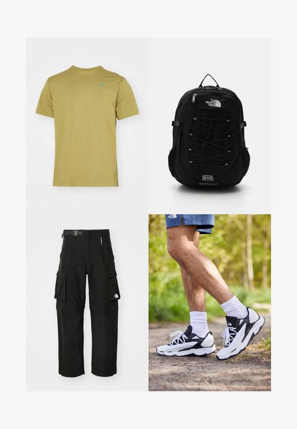 Klättermusen ROOT LOGO TEE - Basic T-shirt - meadow green; Black cargo pants made of durable fabric, featuring multiple pockets, a belt, and a logo on the lower leg. Straight cut with a smooth texture.; Black and white athletic shoes with mesh upper, textured accents, and white laces. Worn with white ankle socks and navy shorts on a path.; Black backpack with a sleek design, featuring a front bungee cord, mesh side pockets, and a logo. Made from durable material.