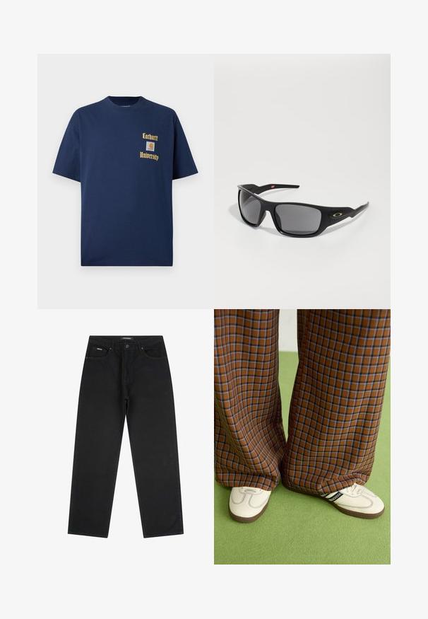 Tume sinine puuvillane T-särk lühikeste varrukatega, millel on kuldne kiri "Carhartt University" ja logo aplikaat vasakul rinnal.; Mustad sirgedega teksad esist nupuga ja tõmbluku, vöökohakloopsud ja viie taskuga disain, asetatud lamedalt valgele taustale.; Pruunide ja siniste ruuduliste laiad püksid, mille juurde on kombineeritud valged kingad mustade aktsentidega ja tekstuursete taldadega, roheline taust.; Mustad mustakaitseline prillid, millel on ristkülikuline kuju, valmistatud vastupidavast plastikust, hallide toonitud läätsede ja kuldse aksendiga küljel.
