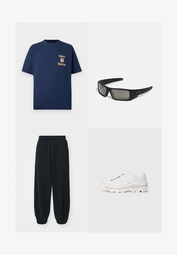 Námornícky modré bavlnené tričko s krátkymi rukávmi, s vyšívaným zlatým textom "Carhartt University" a nášivkou loga na ľavom prsníku.; Čierne tepláky s elastickým pásom, vo voľnom strihu, s manžetami na členkoch, hladkej textúry a bez viditeľných vzorov alebo kovových doplnkov.; Biele športové topánky s textúrovaným sieťovinovým zvrškom, reflexnými akcentmi a odpruženou podrážkou. Výrazné logo značky na boku.; Čierne slnečné okuliare s matným povrchom, obdĺžnikové šošovky, mierna krivka na straničkách, nenápadný detail loga a šošovky so zafírovaným tónovaním.
