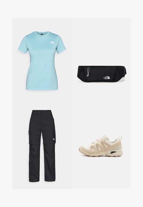 Lyseblå bomulds t-shirt med korte ærmer og rund hals; har et lille hvidt logo på den øverste venstre brystområde.; Sorte nylon cargo bukser med lynlås, justerbare manchetter, flere lommer og et logo på højre ben. Glat, let tekstur.; Beige og creme atletiksko med struktureret mesh-overdel, støttende overlays og gummiyderside med et mønster for trækkraft.; The North Face SUNRISER RUN BELT UNISEX - Bæltetasker - black/white