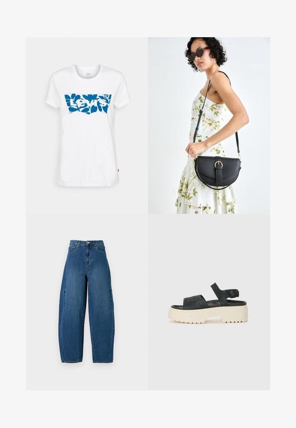 Levi's® THE PERFECT TEE - Tričko s potlačou - sugar swizzle; Džínsy v strednom modrom umývaní, s vysokým pásom, širokým strihom nohavíc a klasickým dizajnom s piatimi vreckami a viditeľnými švami.; Čierne zamšové platformové sandále s hrubou bielou podrážkou, širokým predným remienkom a nastaviteľným členkovým zapínaním. Textúrovaná podrážka pre lepšiu priľnavosť.; Čierna kožená kabelka s zaobleným tvarom, odnímateľným popruhom a zlatými doplnkami. Kabelka má klopu s detailom s prackou.