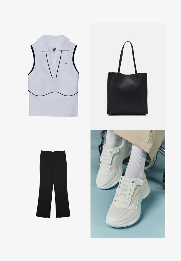 Biela bezrukávová aktívna blúzka s golierovým výstrihom, hlbokým V-čkovým strihom, čiernymi lemovaním a malým logom v ľavnom hornom rohu.; Čierne nohavice so strihom rovného strihu, s prednými vreckami a bočnými rozparkami na leme. Vyrobené z mäkkej, hladkej tkaniny. Vhodné na rôzne príležitosti.; Biele tenisky s materiálom z mlátenice, gumovou podrážkou, bezšnúrovým dizajnom s elastickými pásikmi a pozlátenými akcentmi.; Čierna kožená taška na rameno s hladkým povrchom, obdĺžnikovým tvarom a dvoma dlhými uchami. Bez viditeľného kovania alebo ozdôb.