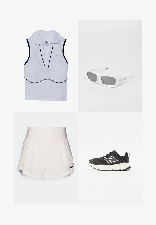 Hvit ärmeløs treningstopp med kragehals, dyp V-form, svarte detaljer og en liten logo i øverste venstre hjørne.; Nike Performance SHORT - Sports shorts - white/black; Svart idrettssko med et teksturert stoffoverdel, kontrasterende hvit mellomsåle og en fremtredende grå logo på siden. Gummisåle med godt grep.; Hvite rektangulære Oakley-solbriller med mørke linser som hviler på en hvit overflate, logo synlig på siden.