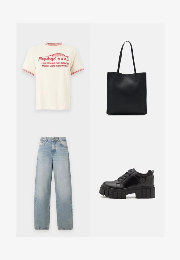 Kremna bombažna majica s kratkimi rokavi z rdečim rebrastim ovratnikom. Spredaj je močnobarven rdeč napis in grafična zasnova, ki se sklicuje na Monte-Carlo Country Club.; Svetlo modri jeans z ohlapnim krojem, visokim pasom, petimi žepi in rahlim izblitjem. Imajo kovinsko gumb in poudarke s šivi.; Črne usnjene platforme z debelim blokastim petam, okroglo konico in klasičnim vezanjem. Imajo gladko teksturo in minimalne podrobnosti.; Črna usnjena torba s svilnato teksturo, pravokotne oblike in dvema dolgima ročajema. Brez vidnih metalnih delov ali okrasnih elementov.