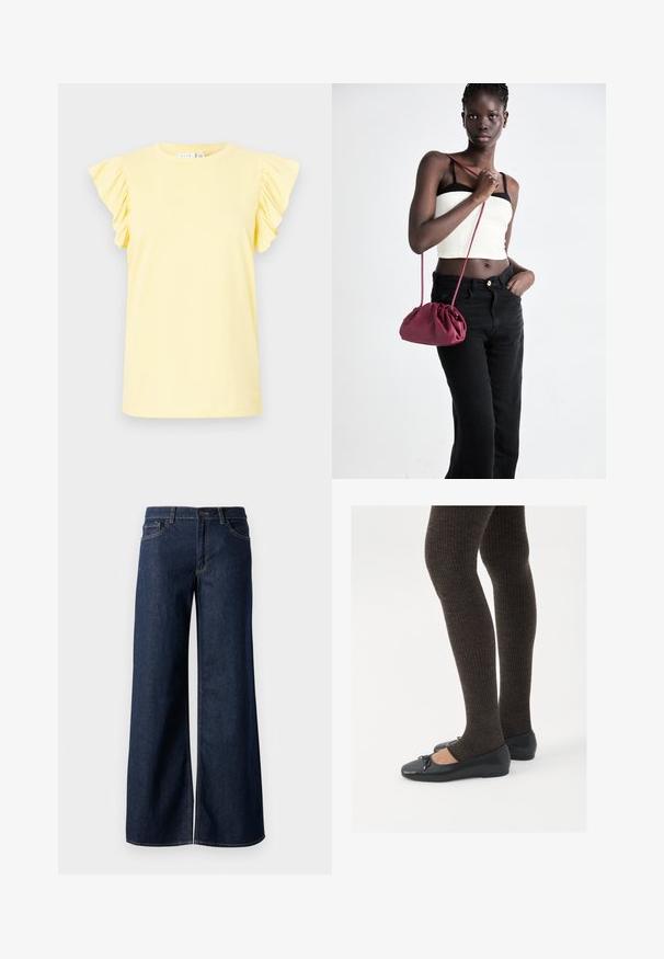 Keltainen t-paita, jossa on lyhyet frillihihat, pyöreä kaula-aukko ja sileä puuvillapinta. Yksinkertainen muotoilu ilman kuvioita tai koristeita.; Suorat lahkeet farkut tummansinisestä denimmistä. Ominaisuuksiin kuuluvat kontrastiväriset ompeleet, viisi taskua ja nappisuljenta vyötäröllä. Sileä pinta.; Mustat matalat kengät, joissa on pieni nauha varpaissa, yhdistettynä tummanruskeisiin ribattuisiin sukkahousuihin. Kengissä on sileä pinta ja matala profiili.; Burgundi pehmeast kangast käekott, millel on kortsuline disain ja pikk rihm, kantud üle rinna. Modell kannab valget lühikest toppi ja musti teksaseid.