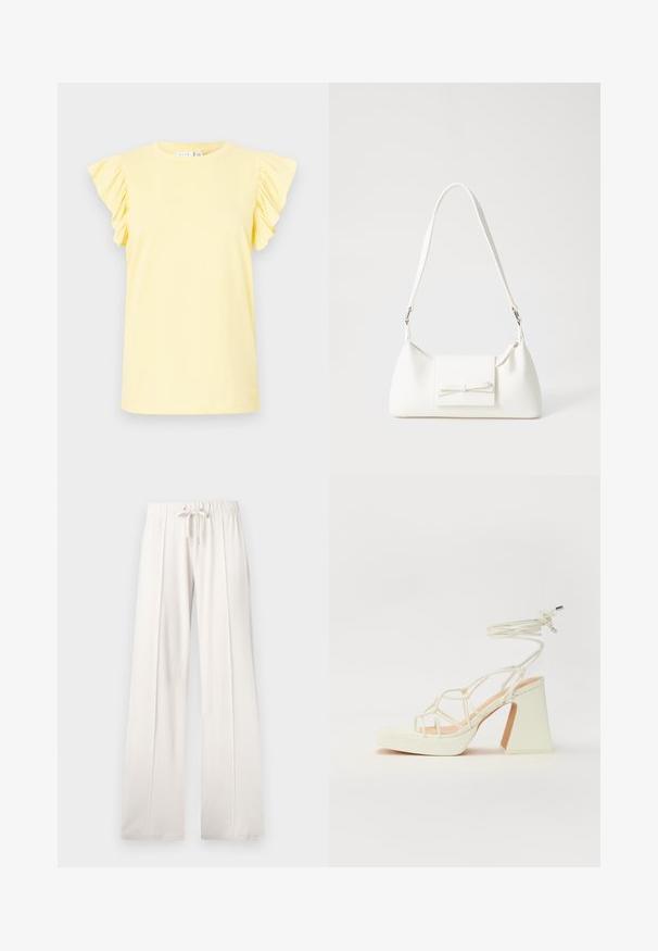 Gul t-shirt med korte flæsekorte ærmer, rund hals og en glat bomuldsstruktur. Enkel design uden mønstre eller dekorationer.; Lys beige sweatkorts lavet af blødt stof, med snoretræk i taljen, brede ben og lodrette sømme, samt en glat tekstur.; Hvide højhælede sandaler med en kraftig hæl, der har et stropdesign og ankelbinding. Glat tekstur med en platform foran for ekstra højde.; Hvid syntetisk håndtaske med en trekantet form, flad forsideklap og sløjfedetalje, justerbar strop, glat tekstur og minimalistisk design.