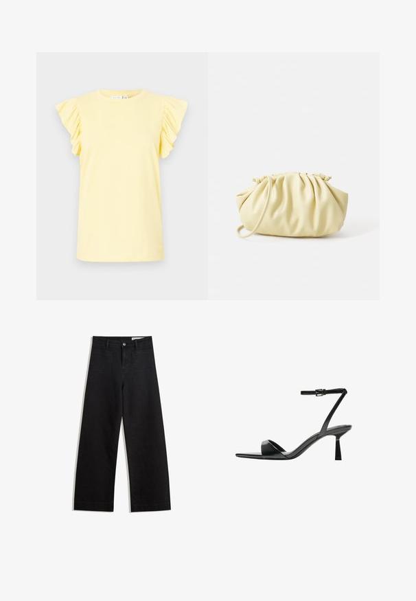 Sárga póló rövid, fodros ujjakra, kerek nyakkal és sima pamut textúrával. Egyszerű dizájn, minta vagy díszítés nélkül.; Fekete, bő szabású farmernadrág magas derékkal, elülső és hátsó zsebekkel, varrott felületekkel és gombos záródással. Sima textúra.; Bershka Magas sarkú szandálok - black; Sárga redőzött kézitáska sima műbőrből, puha formával, egy vállpánttal és ráncolt felső kialakítással.