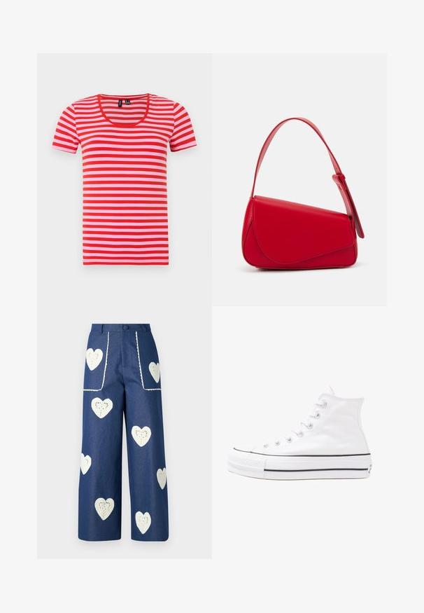 Punane ja roosa triibuline T-särk, lühikeste varrukatega, ümmarguse kaelusega, pehmest kangast, millel on ühtlaselt jaotunud horisontaalsed triibud.; Sister Jane HEART TO HEART - Sirgete säärtega teksad - blue denim; Valge kõrgem kangast tenniseking, millel on must kummist tald, ees kummist varvasetugi ja kuus aukku paelte jaoks, pakkudes puhta ja minimalistliku disaini.; Punane nahast käekott, millel on nurkadega geomeetriline disain. Omab ühte reguleeritavat rihma ja klappidega sulgemist, millel on õmblustega kaunistused.