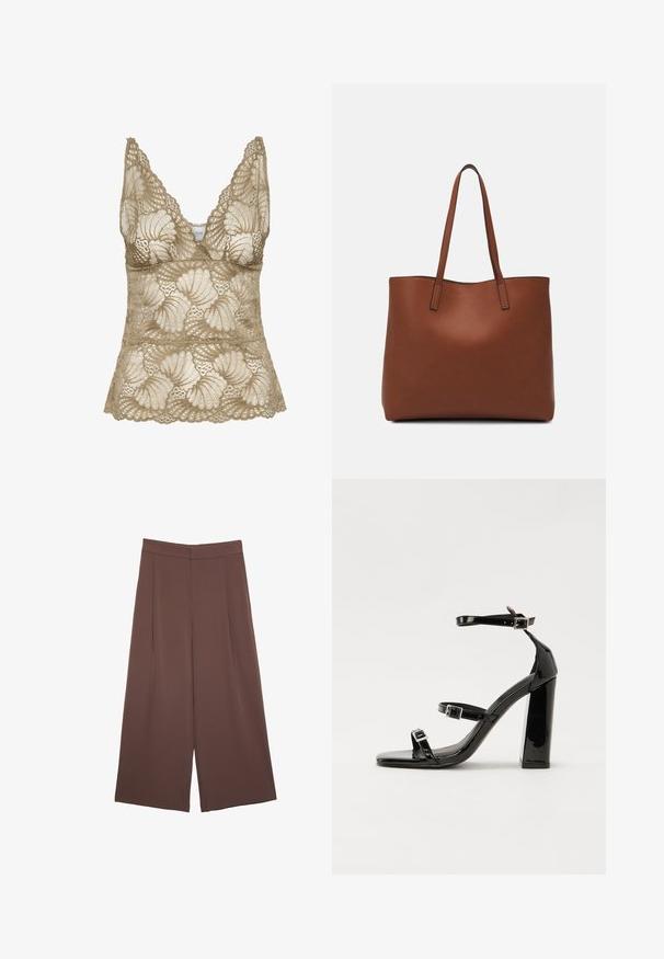 Bež sametni top s čipkastimi detajli, s V-izrezom, s valovitimi robovi in cvetličnim vzorcem. Mehka tekstura z zapletenim okrasjem.; Rjave široke hlače z gladko teksturo, ki imajo visok pas in sprednje naborke. Tkanina je lahka in prosto pada.; Črne lakirane sandale s peto, kvadratnim prstom, trakovi okrog gležnja in srebrnimi zaponkami. Opremljene so s stabilno Debelo peto.; Rjava usnjena torba z gladko teksturo, odprto zasnovo zgoraj in dvema naramnima trakovoma. Opremljena je z minimalnim šivanjem in brez vidnih kovinskih delov.