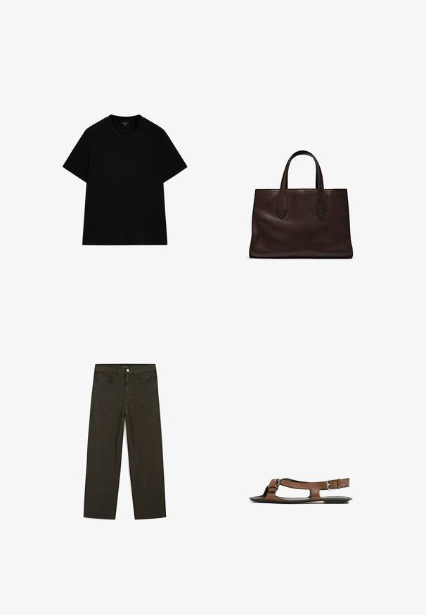Zwarte, kortsliphals t-shirt van katoen. Heeft een ronde halslijn, een comfortabele pasvorm en geen patronen of versieringen.; Donkergroene wijde jeans van een katoenmix, met een sluiting met een voorste knop, vijf zakken en klassieke denimstiksels.; Bruine leren sandaal met een open teen en zijuitsparingen. Voorzien van een enkelband met een metalen gesp en een platte zool.; Bruine leren tote bag met twee verlengde handvatten, gestructureerde rechthoekige vorm, gladde textuur en subtiele stiksels.