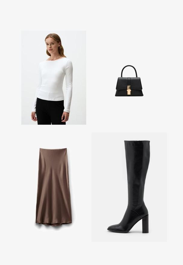 Weißes langärmliges Rippenoberteil mit rundem Ausschnitt, das einen schlanken Schnitt und eine glatte Textur aufweist, kombiniert mit schwarzen Hosen. Einfaches Design.; Satinbrauner Midirock mit glatter Textur und leicht ausgestelltem Saum, der ein schlichtes, unverziertes Design ohne sichtbare Verschlüsse aufweist.; Knielange schwarze Lederstiefel mit spitzer Zehe und klobigem Absatz. Glatte Textur mit minimalen Akzenten und einem enganliegenden Schaftdesign.; Schwarze strukturierte Handtasche mit glatter Textur, einem einzelnen oberen Griff und einem goldfarbenen Verschlussdetail an der Vorderseite. Minimalistisches Design.; Strukturierte, glänzende goldene, unregelmäßige rechteckige Steckohrringe mit subtilen erhöhten und vertieften Mustern auf einem weißen Hintergrund.