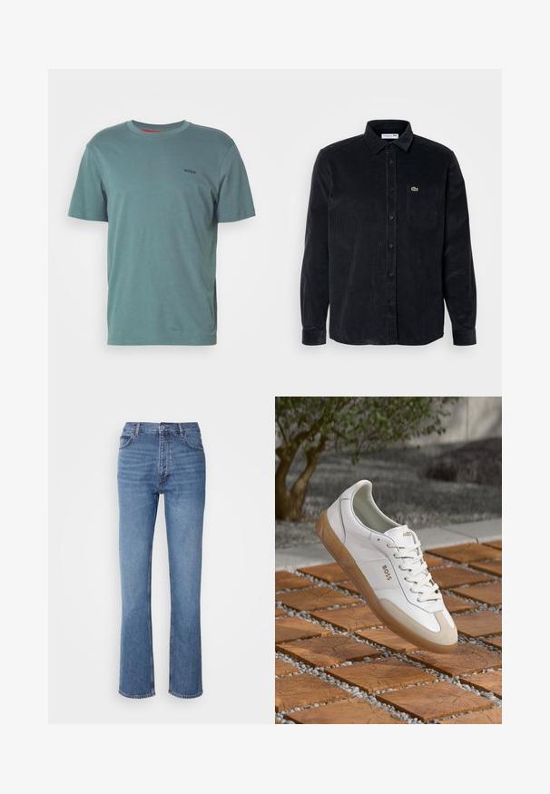Zelené bavlněné tričko s kulatým výstřihem, krátkými rukávy a malým námořnickým logem na prsou. Hladká textura a standardní střih.; Černá kordurové košile s dlouhým rukávem, uzávěr na knoflíky, špičatým límcem a kapsou na levé straně hrudi s malým zeleným logem.; Modré denimové džíny s vysokým pasem, rovnými nohavicemi a jemným vyblednutím. Mají klasický pětikusový styl a zapínání na zip.; Bílé kožené tenisky s béžovými semišovými detaily, s kulatou špičkou, šněrovacím předním dílem a hnědou gumovou podrážkou, zobrazující jméno značky "BOSS."