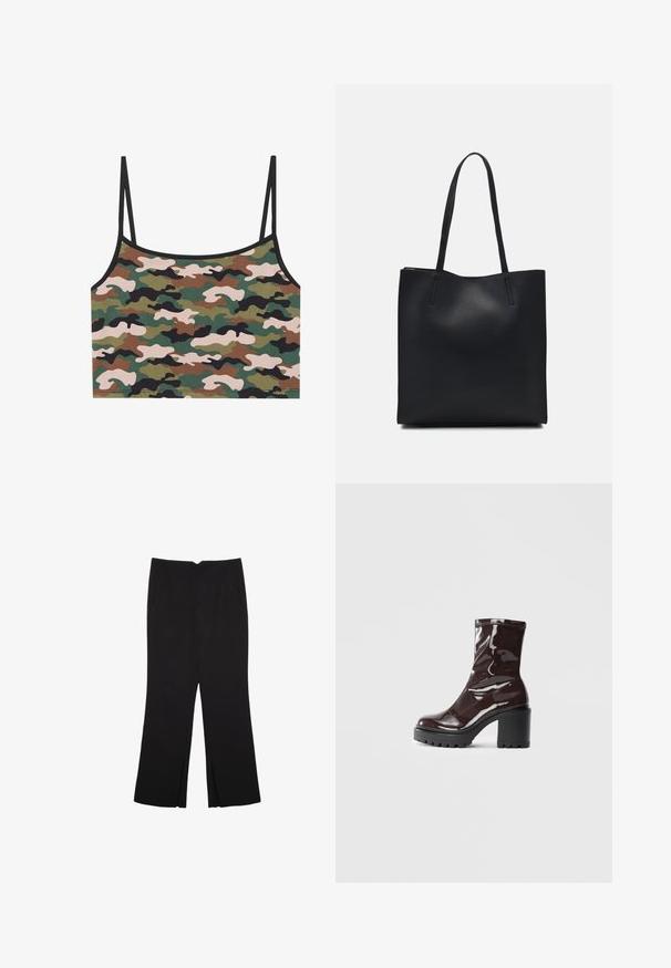 Tarnfarbenes Crop-Top mit grün, braun und pinken Mustern. Hergestellt aus weichem Stoff mit dünnen verstellbaren Trägern und einem schwarzen Saum.; Schwarze Hose mit geradem Schnitt, ausgestattet mit Fronttaschen und Seitenschlitzen am Saum. Hergestellt aus weichem, glattem Stoff. Geeignet für verschiedene Anlässe.; Glatte bordeauxrote Ankle Boots mit einem klobigen schwarzen Absatz, die eine glatte Oberfläche und ein einfaches Design aufweisen. Keine sichtbaren Verschlüsse oder Muster.; Schwarze Laptoptasche aus Leder mit glatter Textur, rechteckiger Form und zwei langen Griffen. Keine sichtbaren Beschläge oder Verzierungen.