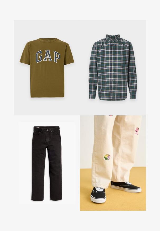 Olivenfarget bomulls T-skjorte med korte ermer, med en hvit og marineblå "GAP" logo og "Athletic" tekst i sentrum.; Grønn flanellskjorte med rutete mønster som har blå, hvite og sennepsgule linjer. Knapper foran og spiss krage. Lange ermer.; Svarte rette dongeribukser med fem lommer, knappefeste og beltehemper, lagt flatt på en hvit bakgrunn.; Beige bomullsbukser med lekne broderte design, inkludert en rosa karakter og fargede blokker, kombinert med svarte snørebåndssko.