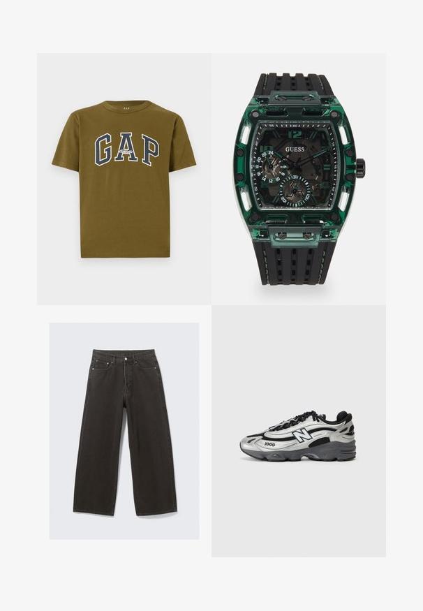 Olivnozelena bombažna majica s kratkimi rokavi, ki vsebuje bel in mornarsko moder logotip "GAP" ter besedilo "Athletic" na sredini.; Široke črne kavbojke iz denima imajo visok pas, design s petimi žepi in zapiranje na gumb. Tkanina ima mehak, teksturiran zaključek.; Srebrni in črni športni čevlji z mrežastim zgornjim delom, oblazinjeno podplatom, vezanjem in podrobnostmi blagovne znamke na strani.; Ura Guess z značilnim pravokotnim zelenim plastičnim ohišjem, črnimi teksturiranimi gumijastimi trakovi in več prikazovalniki z izrazitimi številkami in akcenti.