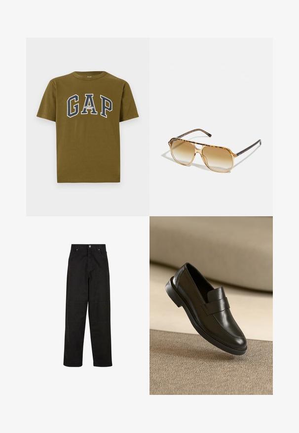 Olivovo zelené bavlnené tričko s krátkymi rukávmi, v strede s bielym a námorníckym logom "GAP" a textom "Athletic".; Čierne nohavice s širokými nohavicami z bavlny s hladkým povrchom, s dvoma prednými vreckami, zapínaním na gombík a rovnom strihom.; Čierne kožené mokasíny s hladkým povrchom, zaoblenou špičkou a dekoratívnym pásikom cez priehlavok na nízkom podpätku.; Slnečné okuliare s korytnačkovým vzorom, obdĺžnikovým rámom, hnedými gradientnými šošovkami a štíhlymi čiernymi ramenami s jemnými akcentmi loga.