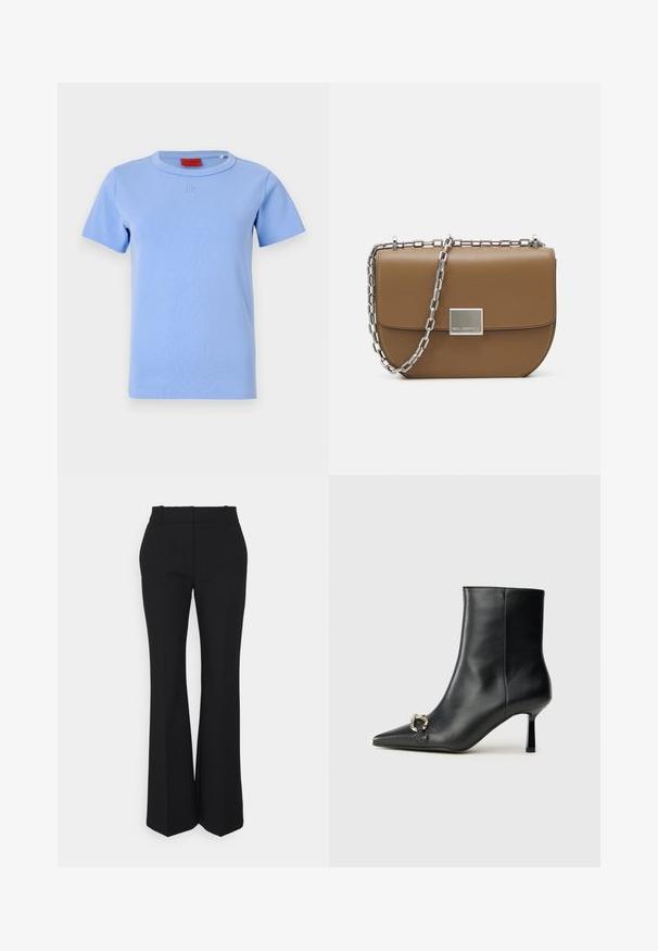 Světle modré bavlněné tričko s krátkým rukávem, kulatým výstřihem a vyšitým logem "HUGO" na přední straně. Hladký povrch, standardní střih.; Černé skládací kalhoty s rovnými nohavicemi, vyrobené z hladké tkaniny. Vlastnosti zahrnují vysoký pas a neviditelné boční kapsy.; Černá kožená kotníková bota s špičatou špičkou, úzkým středně vysokým podpatkem a stříbrnou sponou na straně, na jednobarevném pozadí.; Hnědá kožená kabelka přes rameno s zakřiveným tvarem, stříbrný řetězový popruh a čtvercový kovový uzávěr detail na přední straně.