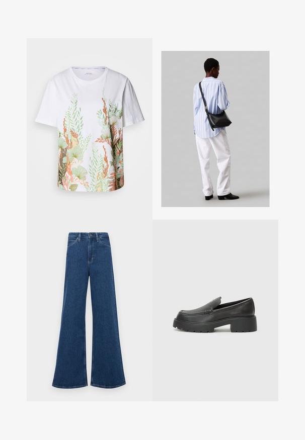 Biała bawełniana koszulka z krótkim rękawem, ozdobiona żywym nadrukiem botanicznym w kolorach zielonym, pomarańczowym i brązowym. Okrągły dekolt.; Niebieskie dżinsy z rozszerzanymi nogawkami i wysokim stanem, z pięcioma kieszeniami, zapięciem na guzik i kontrastowym przeszyciem na szwach.; Czarne skórzane mokasyny z zaokrąglonym noskiem, grubą fakturowaną podeszwą oraz minimalnymi detalami szycia. Elegancki design bez widocznych sznurowadeł czy elementów metalowych.; Czarna skórzana torba na ramię o miękkiej fakturze, w kształcie trójkąta, z regulowanym paskiem, połączona z jasnoniebieską koszulą w paski i białymi spodniami.