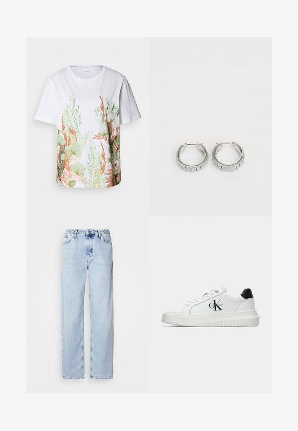 Weißes Baumwoll-T-Shirt mit einem lebhaften botanischen Druck in Grün, Orange und Braun. Kurze Ärmel und runder Halsausschnitt.; Helle blaue Schlagjeans aus Denim, mit hoher Taille, verblasster Waschung und dezentem Batikmuster an der Vorderseite.; Weiße Low-Top-Sneaker mit schwarzem Fersenpatch, Plateau-Sohle, Schnürsenkeln und Calvin Klein "CK"-Logo an der Seite.; Silberne Creolen mit texturiertem Design und vertikalen Rillen. Kreisförmige Form mit sicherem Verschluss. Glatte Oberfläche.