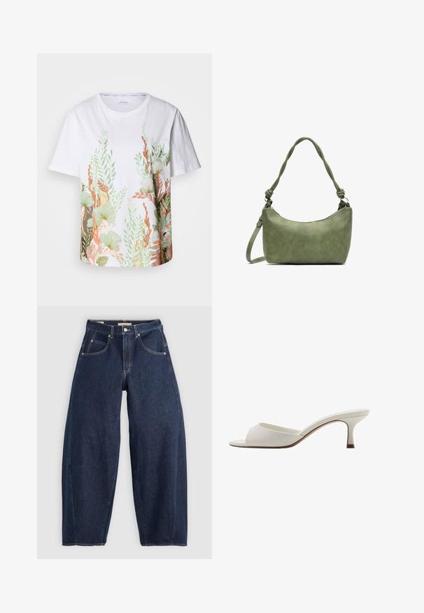 White cotton t-shirt featuring a vibrant botanical print in green, orange, and brown. Short sleeves and a crew neckline.; Dark blue denim jeans with a loose fit, light stitching, five pockets, and a button closure at the waistband.; White open-toed high-heeled mules with a smooth finish, minimalist design, and a slender heel, featuring a subtle brown accent on the sole.; Green leather handbag with a smooth texture, curved shape, and braided handle. Features a zip closure and an adjustable strap.