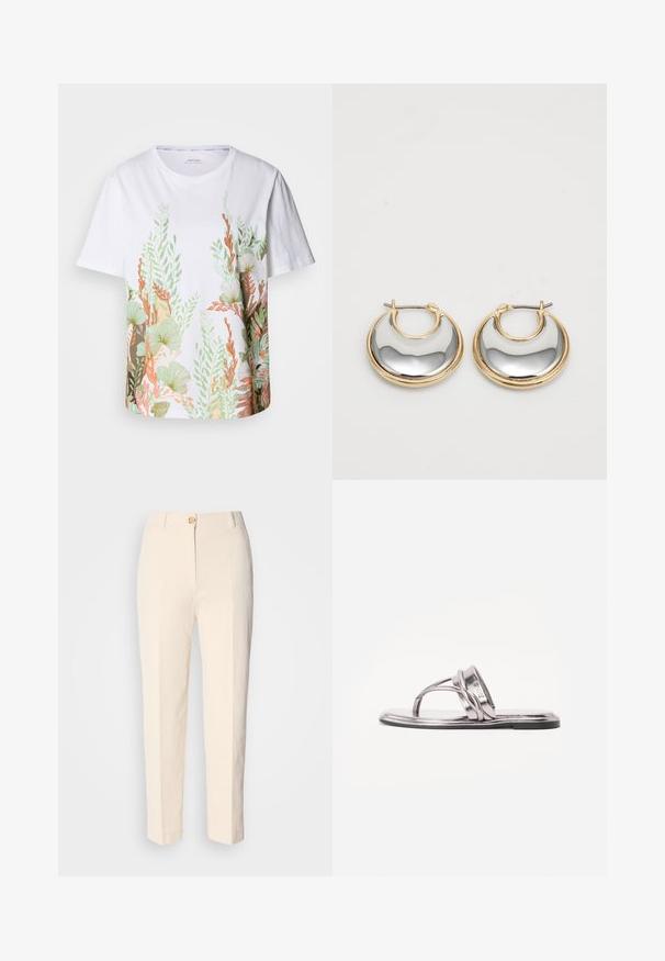 Weißes Baumwoll-T-Shirt mit einem lebhaften botanischen Druck in Grün, Orange und Braun. Kurze Ärmel und runder Halsausschnitt.; Cremfarbene, hochtaillierte Hose aus strukturiertem Stoff. Mit einem Knopfverschluss vorne und schmal zulaufenden Beinen.; Metallisch silberne flache Sandale mit einem geschwungenen Riemendesign und einer dünnen Sohle. Sie verfügt über eine Zehen-Schlaufe und einen minimalistischen Look.; Kleine Creolen mit goldener Außenseite und einer glänzenden, reflektierenden silbernen Innenseite, nebeneinander auf einem weißen Hintergrund dargestellt.