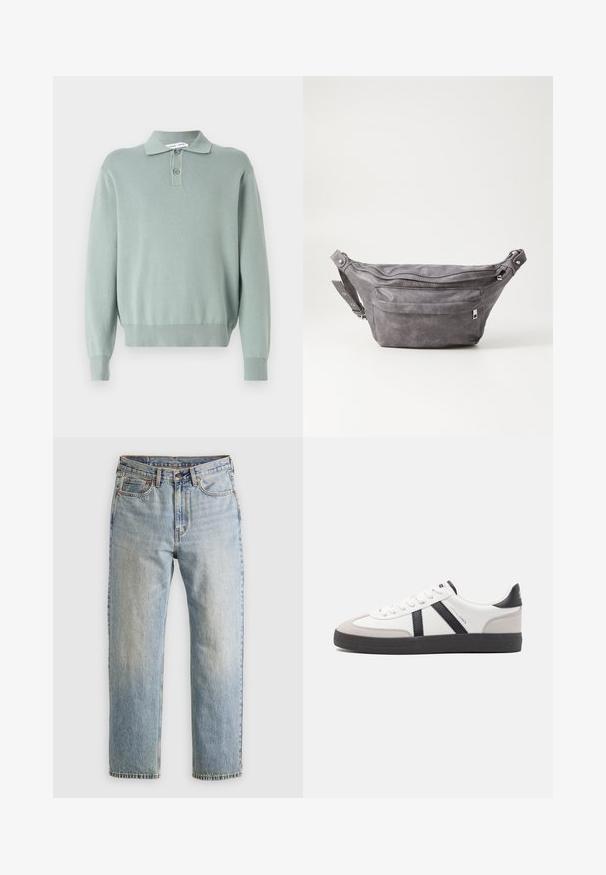 Svetlozelený pletený pulóver s golierom polo, dvoma gombíkmi, rebrovanými manžetami a lemom. Jemná textura a voľný strih.; Svetlomodré džínsy s vysokým pásom, predným gombíkom, zipsom a dizajnom s piatimi vreckami, rozložené na neutrálnom pozadí.; Biele tenisky s čiernymi a šedými akcentmi, s textúrovanou šedou špičkou, čiernou gumovou podrážkou a plochými bielymi šnúrkami. Čistý dizajn, minimalistický štýl.; Sivá semišová ľadvinka s okrúhlym tvarom, dvoma zipsovými priehradkami a nastaviteľným popruhom. Obsahuje kovové prvky.