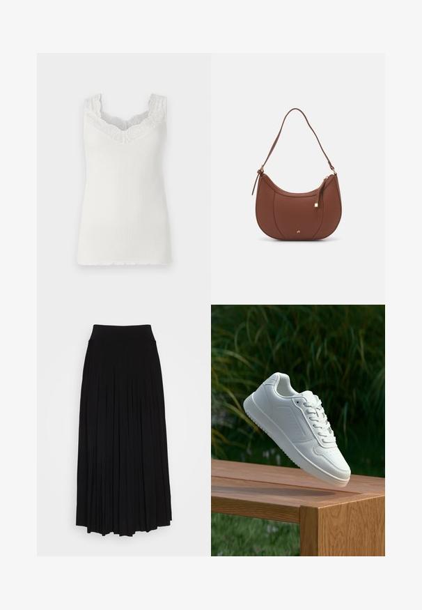 White ribbed tank top with a v-neck and lace trim at the neckline. Features a fitted silhouette and a scalloped hem. Soft texture.; Black pleated skirt with a high, stretchy waistband. Made from soft fabric, featuring vertical pleats for a flowing silhouette.; White sneaker with a smooth synthetic upper, perforated toe box, flat laces, and a textured sole, displayed on a wooden surface.; Brown faux leather shoulder bag with curved shape, minimal stitching, and a gold-tone hardware accent. Features a top zipper closure and adjustable strap.