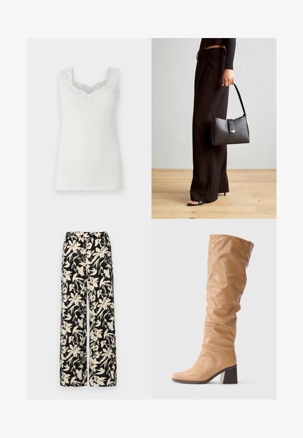 Biely rebrovaný tielko s výstrihom do V a čipkovým lemovaním na dekolte. Má priliehavý strih a vlnitý lem. Mäkká textúra.; Čierne nohavice s širokými nohavicami a krémovým kvetinovým vzorom. Vyrobené z ľahkej látky, s hladkou textúrou a vysokým pásom.; Vysoká piesková kožená čižma so sklopným zvrškom a blokovým podpätkom, s uhlovým špicatým prstom a tmavou podrážkou proti jednoduchému svetlému pozadiu.; Čierna kabelka so štruktúrovaným tvarom, hladkou textúrou a kovovou sponou. V kombinácii so širokými čiernymi nohavicami a sandálmi s otvorenou špičkou na drevenej podlahe.