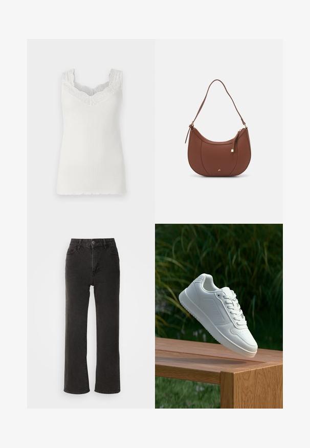 White ribbed tank top with a v-neck and lace trim at the neckline. Features a fitted silhouette and a scalloped hem. Soft texture.; Black wide-leg jeans made of denim, featuring a front button closure, belt loops, and five pockets with a slightly faded texture.; White sneaker with a smooth synthetic upper, perforated toe box, flat laces, and a textured sole, displayed on a wooden surface.; Brown faux leather shoulder bag with curved shape, minimal stitching, and a gold-tone hardware accent. Features a top zipper closure and adjustable strap.