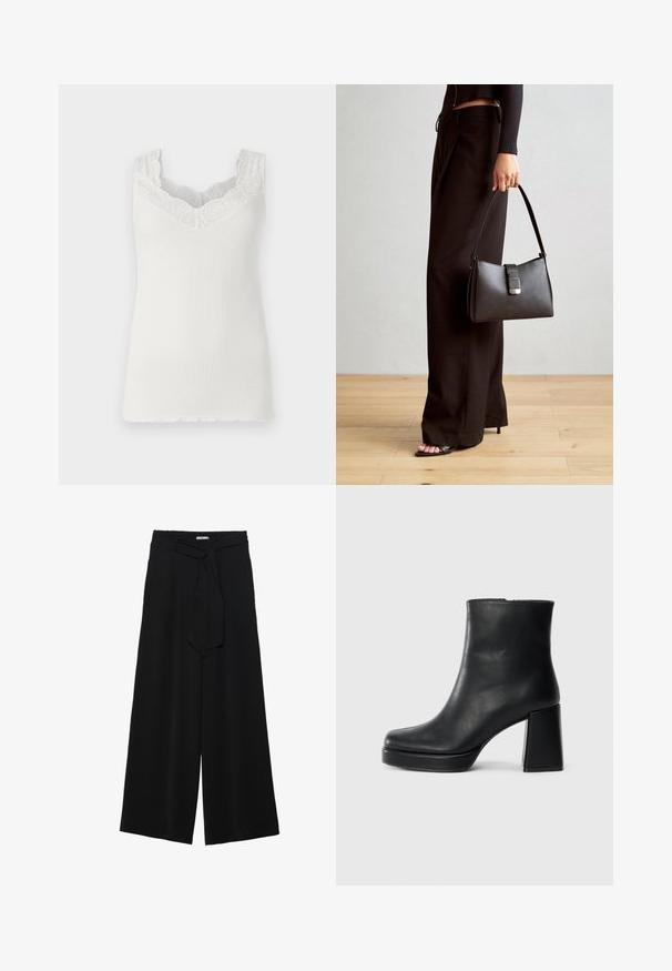 Balta, kanalinė rankovių marškinėlių su V formos iškirpte ir nėriniu apdailai kaklo linijoje. Turi prigludusią siluetą ir banguotą apatinę dalį. Minkšta tekstūra.; Juoda plačių kojų kelnės, pagamintos iš tekstūruoto audinio, su elastingu juosmeniu ir atsegamu diržu juosmenyje, leidžiančiu reguliuoti dydį.; Juodas odinis kulkšninis botas su bloku ir platformos padu, matomas šoniniu vaizdu ant balto fono.; Juodas rankinė struktūrizuota forma, lygi tekstūra ir metalinis užsegimas. Suporuota su plačiomis juodomis kelnėmis ir atvirais bateliais ant medinių grindų.