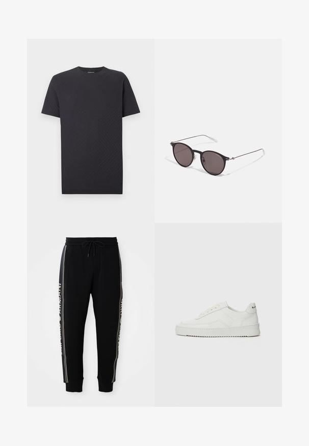 Černé tričko s krátkými rukávy s texturovaným vzorem cikcak, kulatým výstřihem a rovný střihem. Vyrobeno z měkké, lehké látky.; Černé teplákové kalhoty s elastickým pasem, šňůrkou, bočními kapsami, žebrovanými manžetami a bílým textem "Emporio Armani" podél bočních pruhů.; Bílé kožené tenisky s hladkým povrchem, kulatou špičkou, plochými tkaničkami a texturovanou podrážkou. Na patě se nachází nenápadné logo.; Černé kulaté sluneční brýle s tmavými skly a tenkými kovovými nohami. Obsahují průhledné koncovky nožiček a stříbrné akcenty na pantu. Minimalistický design.