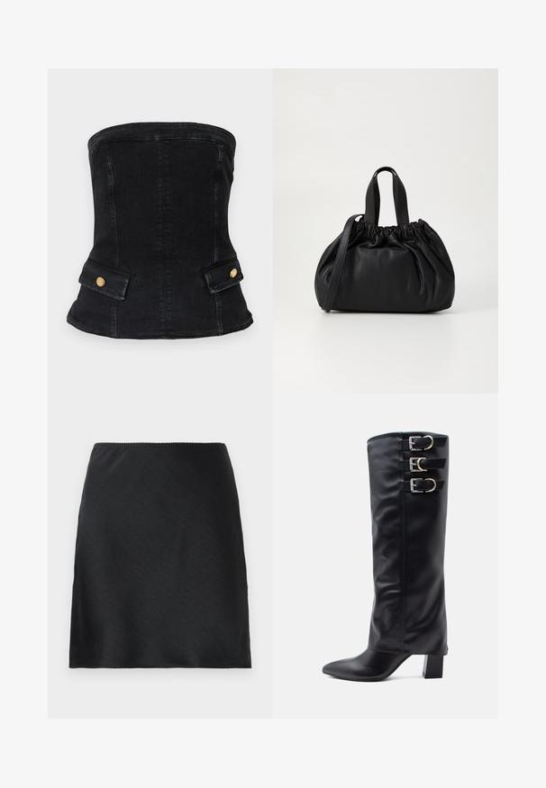 Mustmust mustrõngastega korvits mustast denimist, mis on keha külge sobitatud, sisaldades kuldseid tarvikute aktsente ja kahte esikotti. Sile tekstuur, struktureeritud kuju.; Mustmust värvi mini seelik, millel on sile tekstuur ja sirge äär, esitatud lihtsa valge taustaga.; Mustad, sujuva kunstnahast kuni põlve ulatuvad saapad, millel on terav nina, küljel kolm hõbedast lukku ja platsheel.; Mustmust mustkott mustrihmaga ülaosa disainiga, millel on kaks lühikest käepidet ja pikk reguleeritav rihm. Sile tekstuur, ümar kuju.