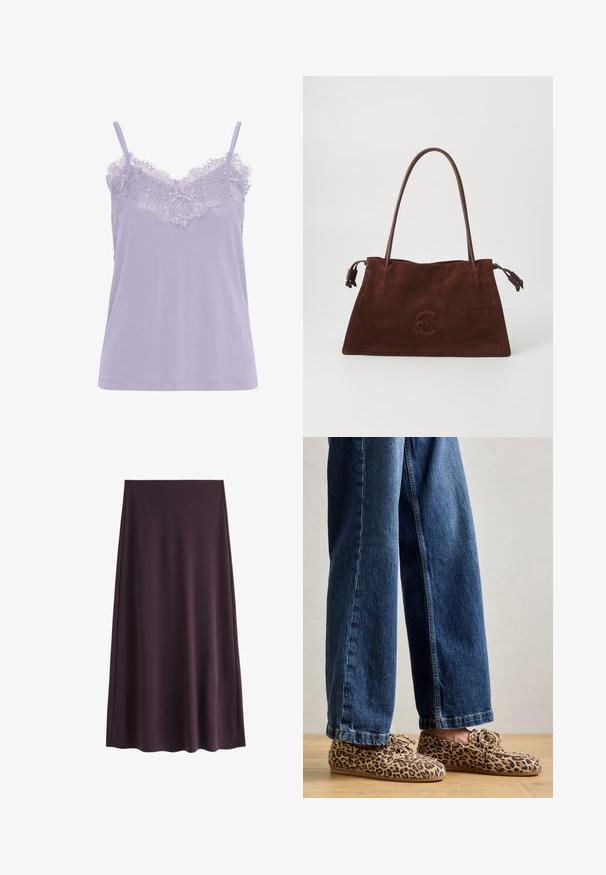 Lavendelfarbenes Camisole mit Spitzendetails am Ausschnitt. Verfügt über dünne Träger und eine weiche Stoffoberfläche. Gerade geschnittenes Design, ohne sichtbare Muster.; Lila Rock aus glattem Stoff, mit einer A-Linie Silhouette und einem knielangen Saum, ohne sichtbare Muster oder Verschlüsse.; Leopardenmuster-Loafers aus Wildleder, mit abgerundetem Zehenbereich, Schnürdesign und flachen, flexiblen Sohlen, kombiniert mit blauen Jeans.; Braune Wildleder-Shopper-Tasche mit doppelten Ledergriffen, weicher Textur, flacher Form und einem dezenten geprägten Logo auf der Vorderseite.