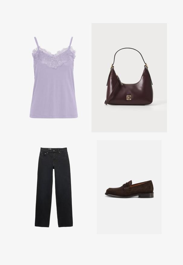 Levanduľová tielko s čipkovým lemom pri výstrihu. Má tenké ramienka a jemnú textúru látky. Priamy strih, bez viditeľných vzorov.; Čierne široké džínsy vyrobené z denimového materiálu, s piatimi vreckami, zatvorením na gombík, jemným prešívaním a rovnom strihom od pásu po lem.; Hnedé semišové mokasíny s okrúhlou špičkou, s prešívaním a malým dekoratívnym akcentom na remienku. Plochý dizajn päty.; Bordový kožený kabelka s zakriveným tvarom, zlaté akcenty na hardvéri a zipsovým uzáverom. Obsahuje odnímateľný ramenný popruh.