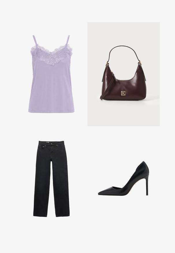 Lavender majica brez rokavov z čipkastim obrobom na izrezu. Ima tanke naramnice in mehak tekstil. Ravno krojena zasnova, brez vidnih vzorcev.; Črne široke jeans hlače iz denima, s petimi žepi, gumbom za zapiranje, subtilnim šivanjem in ravnim krojem od pasu do roba.; Mango Visoke pete - black; Burgundska kožna torbica s zakrivljenim oblikom, zlatnimi detajli na opremi in zadrgo. Ima odstranljiv naramni trak.