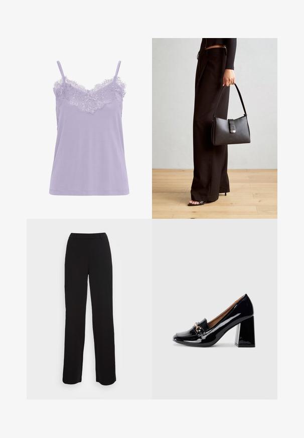 Lavendli kampsun, millel on pitsist ääris kaela ümber. Tõhusa õhukeste rihmadega ja pehme kanga tekstuuriga. Sirge lõike disain, ilma nähtavate mustriteta.; Mustad mustad püksid sirge lõikega, sile tekstuur ja hästi istuv vöökoht. Omavad esi-taskuid ja minimaalset õmblusdetaili.; Must musta matte läikiv kõrge kontsaga king, millel on terav nina ja plokknina. Omab dekoratiivset rihma ja pandla detaili peal.; Must musta kott, millel on struktureeritud kuju, sile tekstuur ja metallist klamber. Kombineeritud laiate mustade pükstega ja avatud varvaste sandaalidega puidust põrandal.