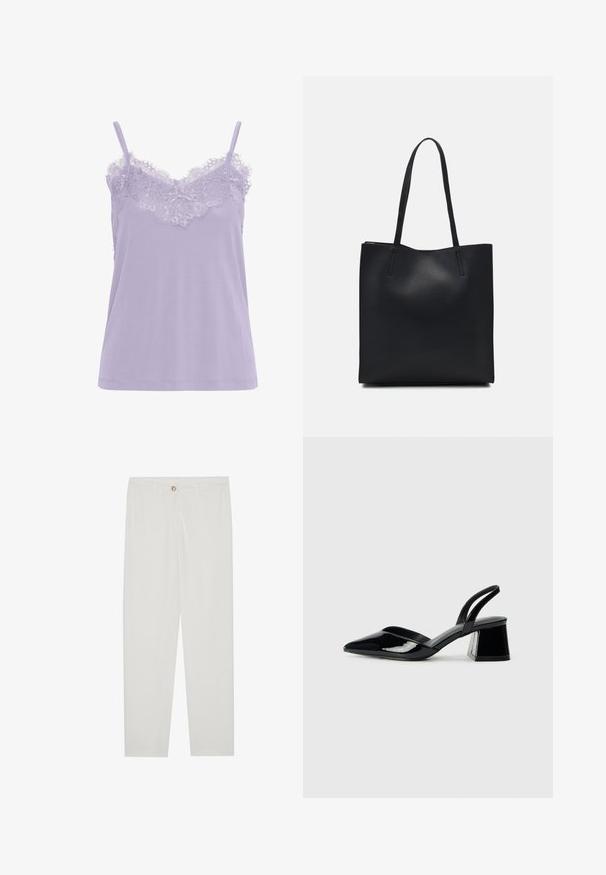 Lavandas krūšturis ar mežģīņu apdari kakla izgriezumā. Iespējams, plāni siksniņas un mīksta auduma tekstūra. Taisna griezuma dizains, bez redzamām rakstām.; Baltas, pielāgots bikses ar taisnu kāju dizainu, ar pogu aizdari, jostu cilpām un sānu kabatām; gluda auduma tekstūra.; Melna lakota āda ar atvērto papēdi, ar smailu purngalu un ģeometrisku blokpapēdi. Iezīmējas elegants, minimāls dizains un gluda tekstūra.; Melnas ādas somiņa ar gludu tekstūru, taisnstūra formu un divām garām rokturiem. Nav redzamu aparatūras vai rotājumu.