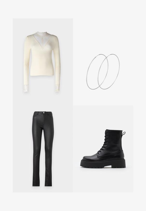 Krēmveida garām piedurknēm top, ar ribotu tekstūru, augstu apkakli ar mežģīņu ieliktni un mežģīņu akcentiem pie aprocēm. Pieguļoša siluets.; Melnas mākslīgās ādas bikses ar šauru piegriezumu, ar priekšējo pogu aizdari, divām priekšējām kabatām un nedaudz izplešamo apakšdaļu.; Melni ādas potītēm zābaki ar apļveida purngalu, auklām priekšpusē un biezu gumijas zoli ar teksturētu protektoru. Velkšanas cilpa aizmugurē.; Sudraba gredzenveida auskari ar minimālistisku dizainu. Cirkulāra forma, gluda tekstūra un plāns profils. Vieglu svaru ar spīdīgu apdari.