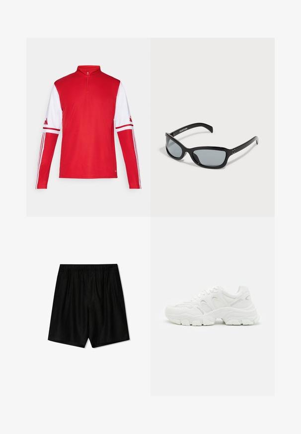Rød atletisk langærmet skjorte med kvart-zip krave, hvide ærmer, tre hvide striber langs skuldrene og Adidas-logo på ærmerne.; Sorte shorts med elastisk talje, to sidelommer og løs pasform. Fremstillet af et blødt stof med en glat overflade.; Hvide atletiske sneakers med overdel i mesh og læderdetaljer, tekstureret gummisål og et chunky design med markante konturer.; Sorte solbriller med et slankt, vinklet design. Har grå linser og skinnende plastikrammer. Inkluderer små metalaccenter og branding på armen.
