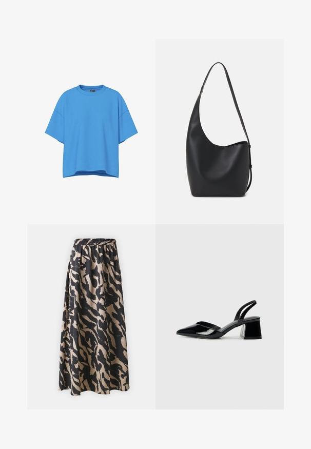 Kortærmet, oversized t-shirt i en lys blå farve. Fremstillet af bomuld, med rund halsudskæring og en afslappet pasform.; Sort og beige lang nederdel med elastisk talje, der har et abstrakt dyreprint mønster og en let, flydende silhuet.; Sorte patentlæder slingback hæle med spids tå og en geometrisk blok hæl. Har et elegant, minimalistisk design og en glat tekstur.; Sort læder hobo taske med en glat overflade, buet form og en enkelt justerbar rem; har en bred åbning øverst.