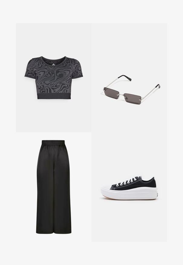 Cămașă neagră scurtă cu un model spiralat. Fabricată dintr-un material elastic, cu decolteu rotund și mâneci scurte. Bază cu nervuri orizontale.; Pantaloni negri cu picioare largi, fabricați dintr-un material neted și lucios, cu un elastic la talie și fără buzunare vizibile sau detalii metalice.; Adidași negri din pânză cu șireturi albe, vârf alb din cauciuc și o talpă medie groasă albă. Prezintă cusături subtile albe și o talpă din cauciuc.; Ochelari de soare cu lentile dreptunghiulare, gri închis, rame din metal argintiu și vârfuri din plastic negru pe brațe. Design ușor, cu pad-uri pentru nas.