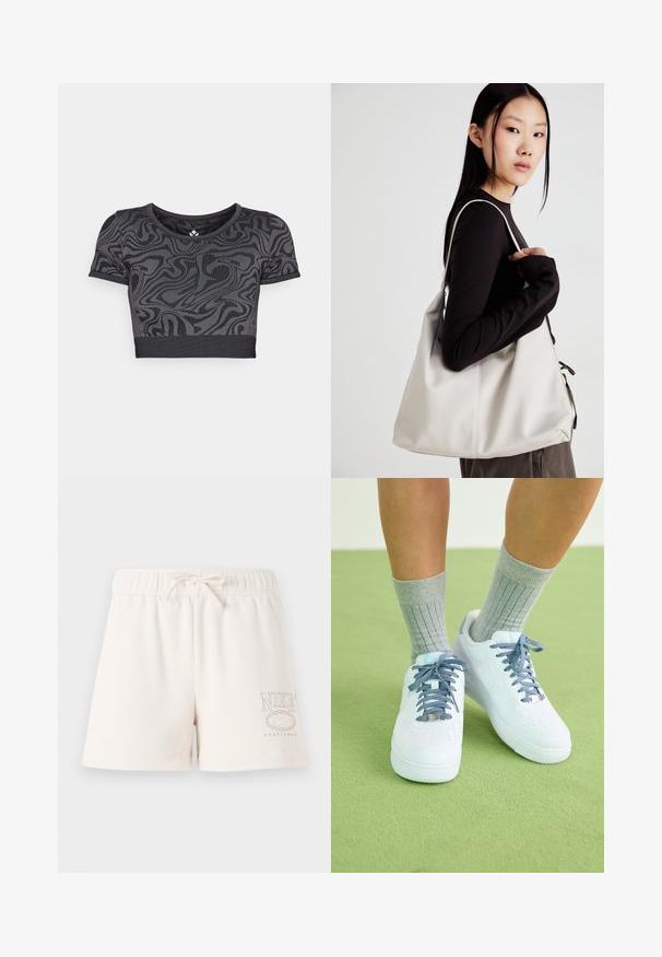 Black cropped shirt featuring a swirling pattern. Made of stretchy fabric with a round neckline and short sleeves. Horizontal ribbed hem.; Light beige cotton shorts with an elastic waistband, adjustable drawstring, and "NIKE SPORTSWEAR" logo printed in light brown on the side.; White leather sneakers with blue accents, perforated toe design, and textured blue-and-white laces, worn with gray ribbed socks.; Beige handbag made of soft material, featuring a slouchy design, stitched detailing, and two shoulder straps. Suitable for everyday use.