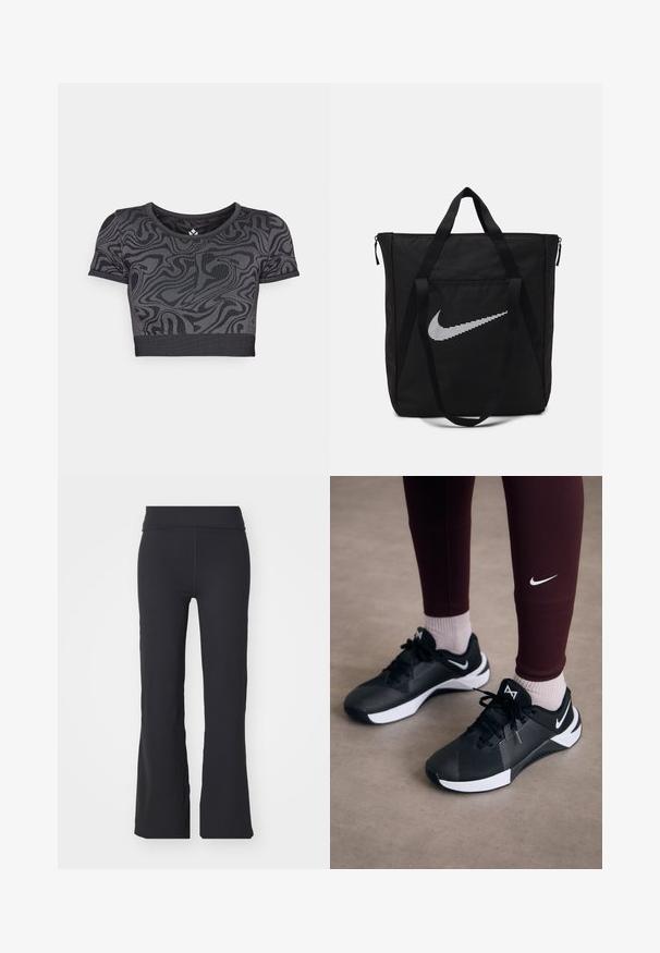 Camisa curta preta com um padrão em espiral. Feita de tecido elástico, com decote redondo e mangas curtas. Barra ribete horizontal.; Calças pretas com estilo flare feitas de um tecido elástico com uma cintura alta. Apresentam linhas limpas e uma textura suave, adequadas para uso casual.; Ténis atléticos pretos com um upper texturizado e detalhes brancos, apresentando atacadores e um logo lateral. Usados com leggings cor-de-vinho e meias claras.; Saco tote preto em nylon com duas alças resistentes e fecho com zíper. Apresenta um destacado logo branco da Nike em um design de listras horizontais.
