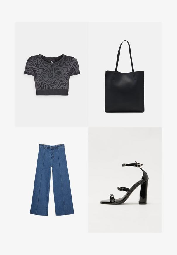 Černé zkrácené tričko s vířivým vzorem. Vyrobeno z elastické látky se zaobleným výstřihem a krátkými rukávy. Horizontálně zdrsněný spodní lem.; Džíny s širokými nohavicemi v středně modré barvě, se zvýšeným pasem, knoflíkovým zapínáním a kontrastními vertikálními švy vpředu.; Černé lakované sandály na podpatku se čtveratou špičkou, lýtkovými pásky a stříbrnými přezkami. Disponují masivním blokovým podpatkem pro stabilitu.; Černá kožená taška přes rameno s hladkým povrchem, obdélníkovým tvarem a dvěma dlouhými uchy. Žádné viditelné kování ani ozdoby.
