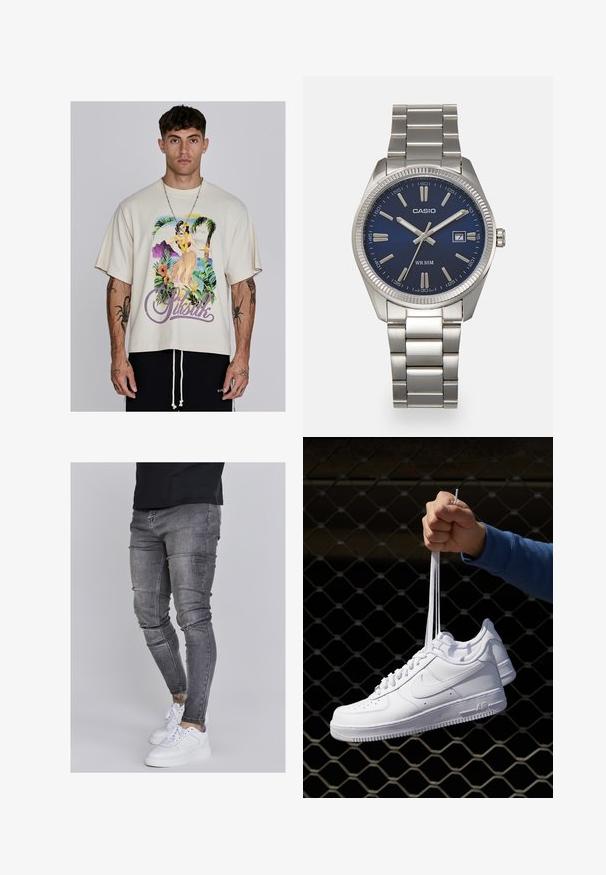 Beige oversized t-shirt, van katoenmix, met een kleurrafisch tropisch ontwerp en "SikSilk" tekst. Korte mouwen en een relaxte pasvorm.; Skinny jeans in vervaagd grijs denim, met versleten details op de knieën, gecombineerd met witte sneakers. Gladde textuur, slank model.; Witte leren sneakers met perforaties, ronde neus, vlakke zool en dikke veters, met een zichtbare swoosh-logo en "AIR" op de hiel.; Zilveren roestvrijstalen horloge met een marineblauwe wijzerplaat, metalen uurmarkeringen en een datumnis op 3 uur. Waterbestendig tot 50 meter.