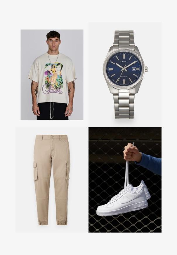 Beiges oversized T-Shirt aus Baumwollmischung, mit buntem tropischen Grafikdesign und "SikSilk"-Text. Kurze Ärmel und lockere Passform.; Beige Cargo-Hosen aus leichtem Baumwollmaterial. Mit elastischen Bündchen, mehreren Seitentaschen und einem Knopfverschluss.; Weiße Leder-Sneaker mit Perforationen, runder Zehenpartie, flacher Sohle und dicken Schnürsenkeln, mit sichtbar eingesticktem Swoosh-Logo und "AIR" an der Ferse.; Silberner Armbanduhr aus Edelstahl mit einem dunkelblauen Zifferblatt, metallischen Stundenmarkierungen und einem Datumsfenster bei 3 Uhr. Wasserdicht bis 50 Meter.