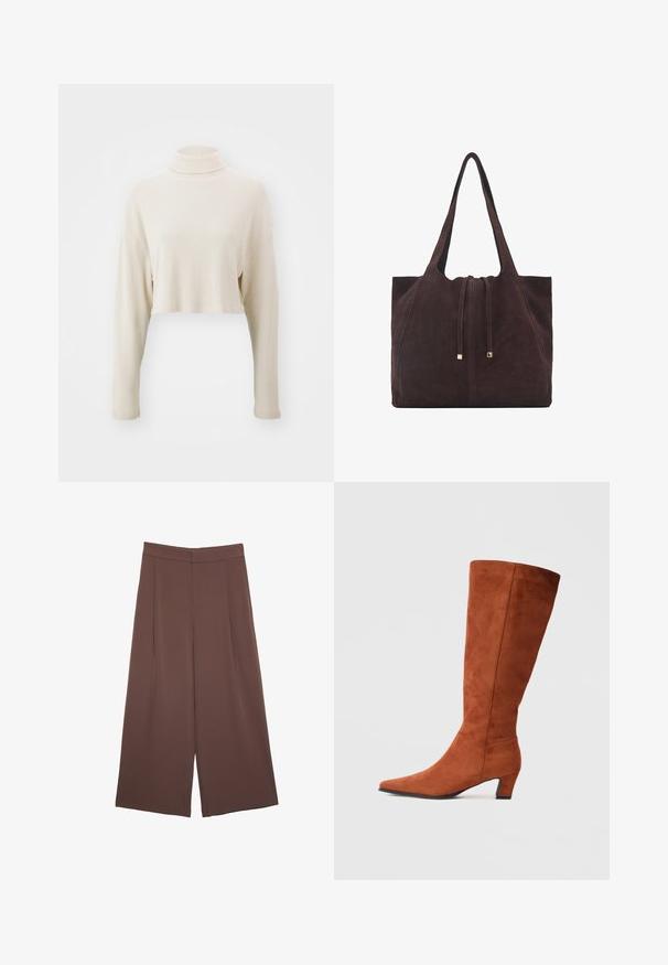 Kratka turtleneck pulover iz mehkega bež rebrastega blaga, z dolgimi rokavi in sproščenim krojem, brez vidnih vzorcev ali dodatkov.; Rjave široke hlače z gladko teksturo, ki imajo visok pas in sprednje naborke. Tkanina je lahka in prosto pada.; Rjavi suede škornji do kolen s koničastim nosom in majhno blok peto, ki se ponašajo z gladko teksturo in minimalističnim dizajnom.; Mango Torba za nakupovanje - dark brown
