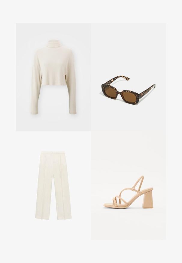 Gekürzter Rollkragensweater aus weichem beigen Rippenstoff, mit langen Ärmeln und lockerer Passform, ohne sichtbare Muster oder Akzente.; Weit geschnittene Hosen in einem hellen cremefarbenen Farbton. Hergestellt aus einem glatten Stoff mit Falten an der Vorderseite und seitlichen Taschen.; Nude-Farbenes Sandaletten mit quadratischem Blockabsatz, dünnen Riemen und einer glatten, glänzenden Oberfläche. Einfaches Design mit einem Riemchen-Oberteil.; Schildpatt-Sonnenbrille mit einem runden, klobigen Rahmen und braunen Gläsern. Verfügt über dezente Muster und gerade, zulaufende Bügel.; Taschen aus braunem Leder mit doppelten Griffen und einem abnehmbaren Schultergurt. Verfügt über einen goldfarbenen Verschluss und eine strukturierte Oberfläche.