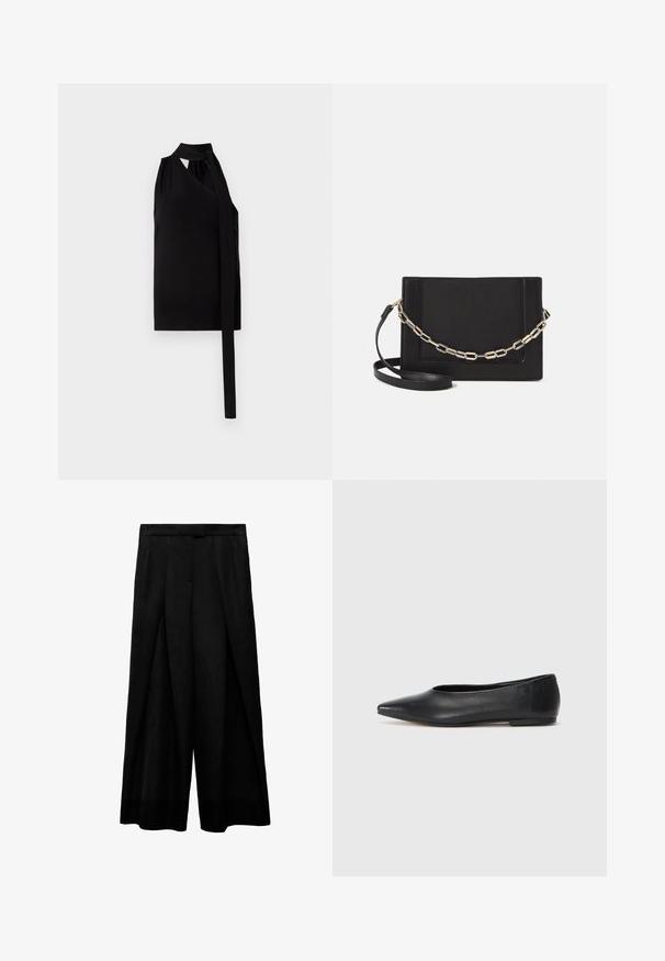 Zwarte mouwloze top met een gedrapeerd asymmetrisch ontwerp, knoopdetail aan de zijkant, gemaakt van zacht stof, met een gladde textuur.; Zwarte wijde pantalon met hoge taille, voorzien van plooi aan de voorkant, een soepele textuur en een aansluitende tailleband. Geen zichtbare zakken.; Zwarte leren balletflat, puntige neus, minimalistisch design, gladde textuur, lage hak, geen zichtbaar beslag of versieringen.; Zwarte leren schoudertas met een gladde textuur, rechthoekige vorm en een metallic kettingdetail aan de voorkant. Verstelbare schouderband inbegrepen.